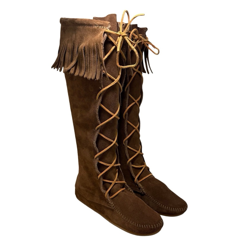 MINNETONKA 1428  Womens Size 7 Front Lace Up Boots Knee High Moccasin Fringe